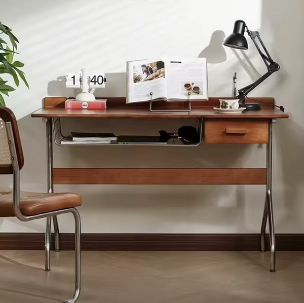 Escritorio de ordenador japonés de nogal con cajones