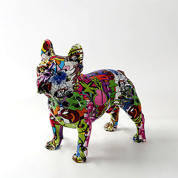 Escultura artística de perro bulldog francés pintada con graffiti