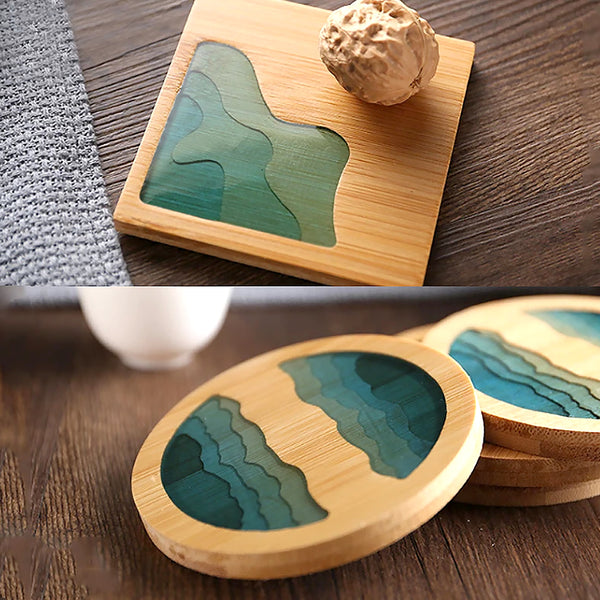 Beach Contour Line Epoxy Art Wooden Coaster