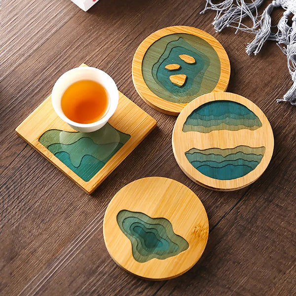 Beach Contour Line Epoxy Art Wooden Coaster