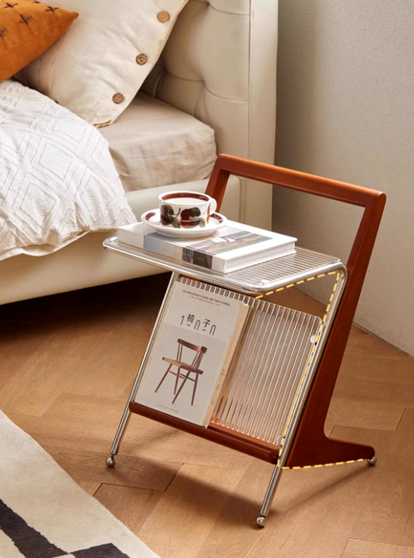 Beistelltisch im japanischen Stil mit Griff aus Massivholz und Metallrahmen