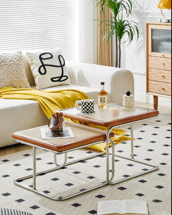 Yū Tokyo Mid-Century Modern Rattan Glass Coffee Table
