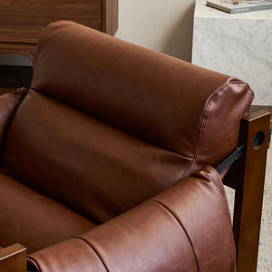 Vintage Solid Wood Vegan Leather Wide Seat Lounge Chair