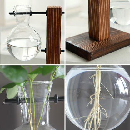 Vintage Wooden Base Glass Hydroponic Flower Pot