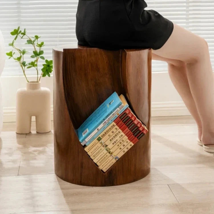 Vintage Sculptured Wooden Texture Bookcase Coffee Table Stool