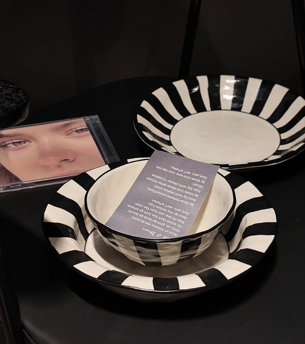 Black & White Striped Ceramic Plate