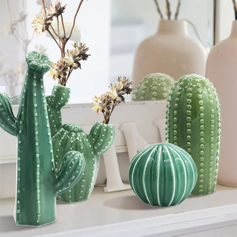 Hand-Crafted Green Ceramic Cactus Sculpture