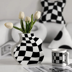 Black and White Check Board Ceramic Vase