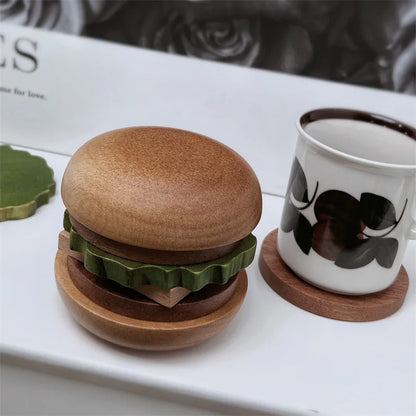 Solid Wood Magnetic Burger Drink Coaster Set