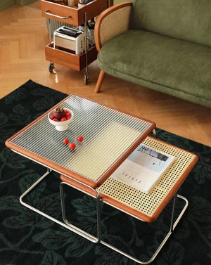 Yū Tokyo Mid-Century Modern Rattan Glass Coffee Table