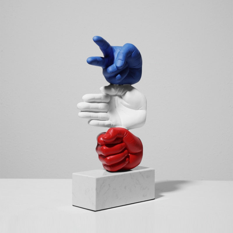 Rock Paper Scissor Designer Hand-Crafted Sculpture with Weighted Stand