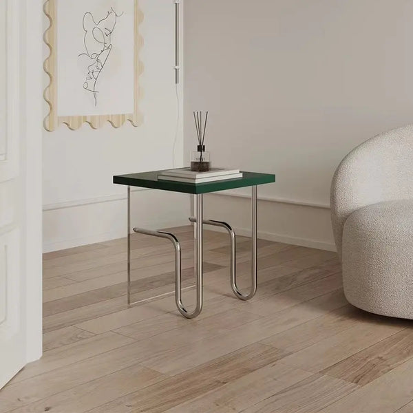 Mesa auxiliar retro con marco de acero inoxidable y acrílico