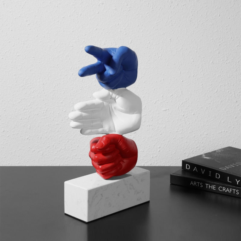 Rock Paper Scissor Designer Hand-Crafted Sculpture with Weighted Stand