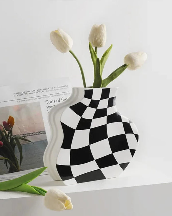 Black and White Check Board Ceramic Vase