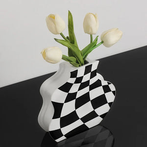 Black and White Check Board Ceramic Vase
