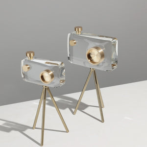 Escultura de cámara con trípode de oro hecha a mano en cristal macizo