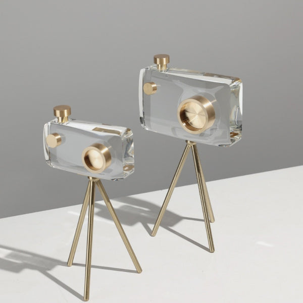 Escultura de cámara con trípode de oro hecha a mano en cristal macizo