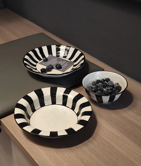 Black & White Striped Ceramic Plate