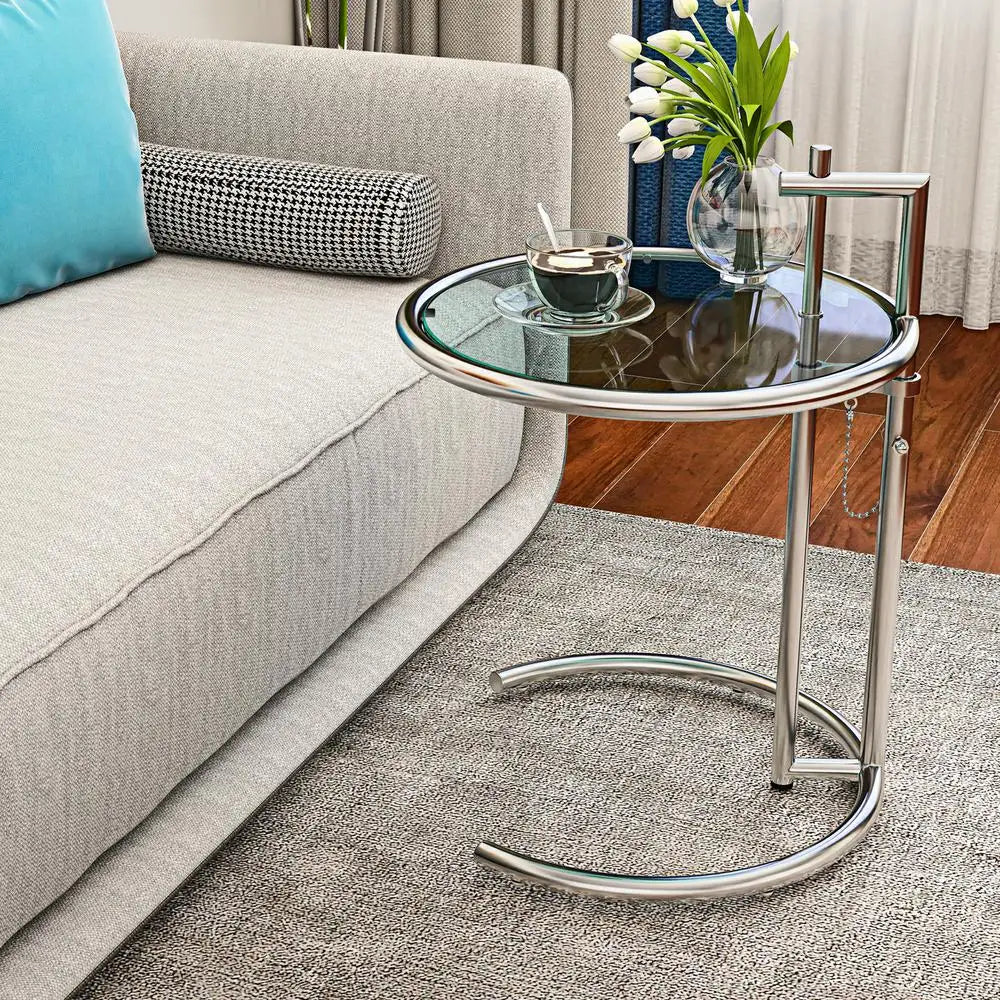 Adjustable Height Stainless Steel Coffee Table Glass Side Table