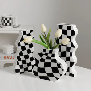 Black and White Check Board Ceramic Vase
