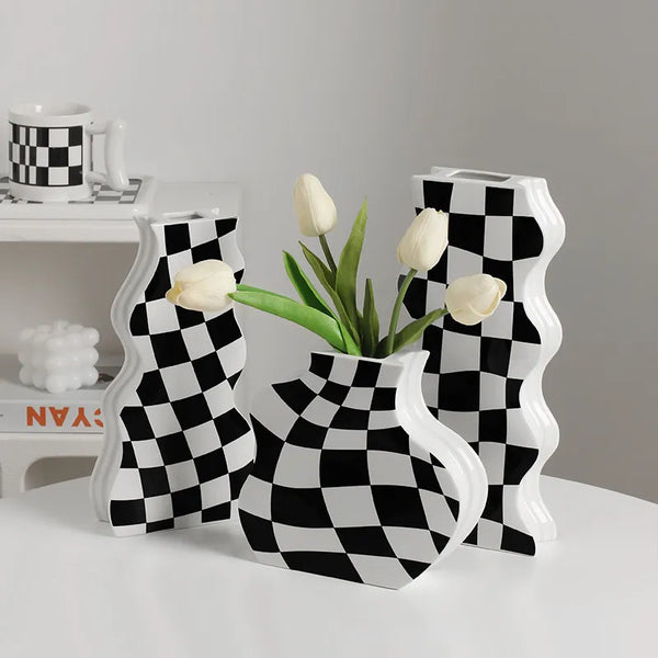 Black and White Check Board Ceramic Vase