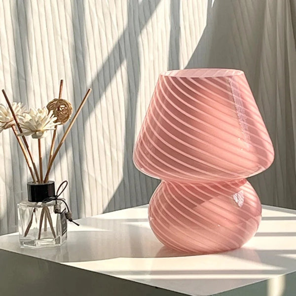 Lampe de table en verre rayé en forme de champignon