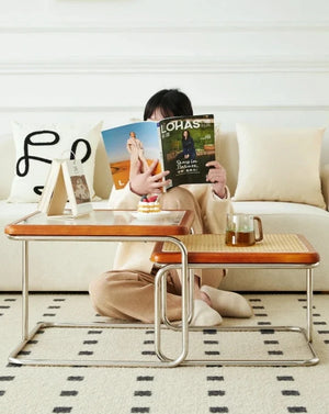 Yū Tokyo Mid-Century Modern Rattan Glass Coffee Table