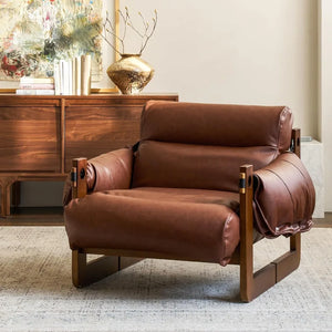 Vintage Solid Wood Vegan Leather Wide Seat Lounge Chair