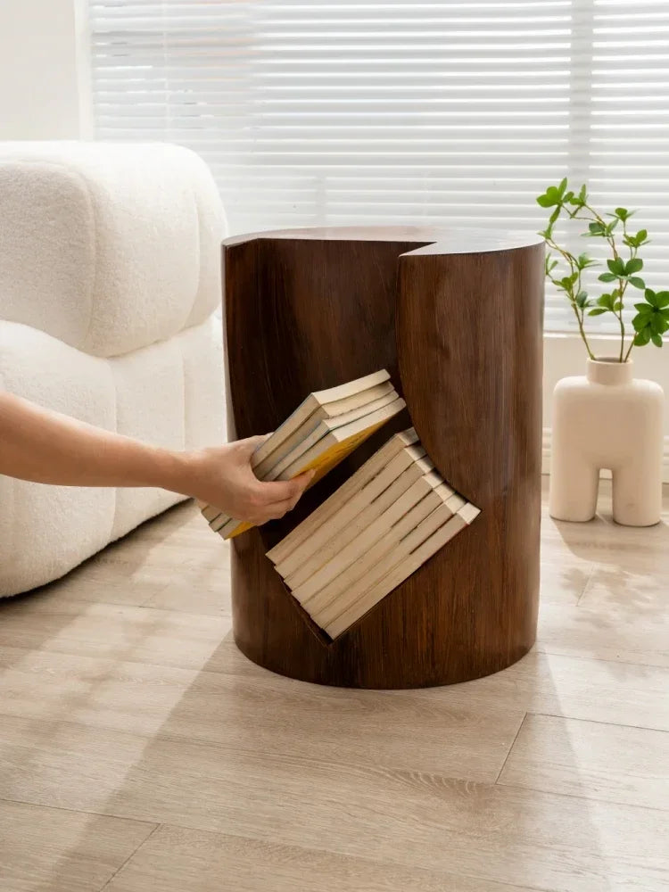 Vintage Sculptured Wooden Texture Bookcase Coffee Table Stool