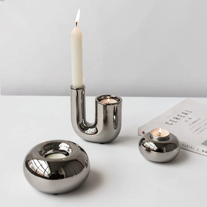 Silver Plated Ceramic Geometric Candle Holder