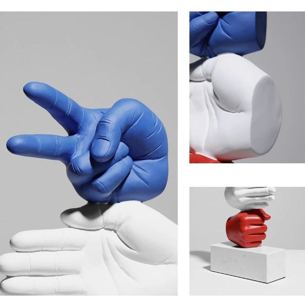 Escultura de diseño hecha a mano con soporte con peso en forma de piedra, papel o tijera