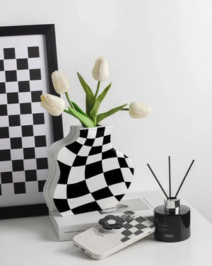 Black and White Check Board Ceramic Vase