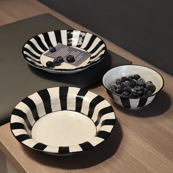 Black & White Striped Ceramic Plate