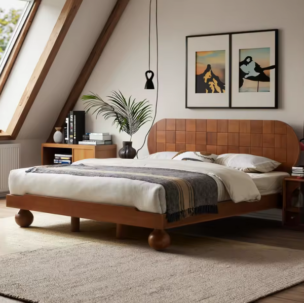 Mingdian Vintage Solid Oak Wood Slatted Bed Frame