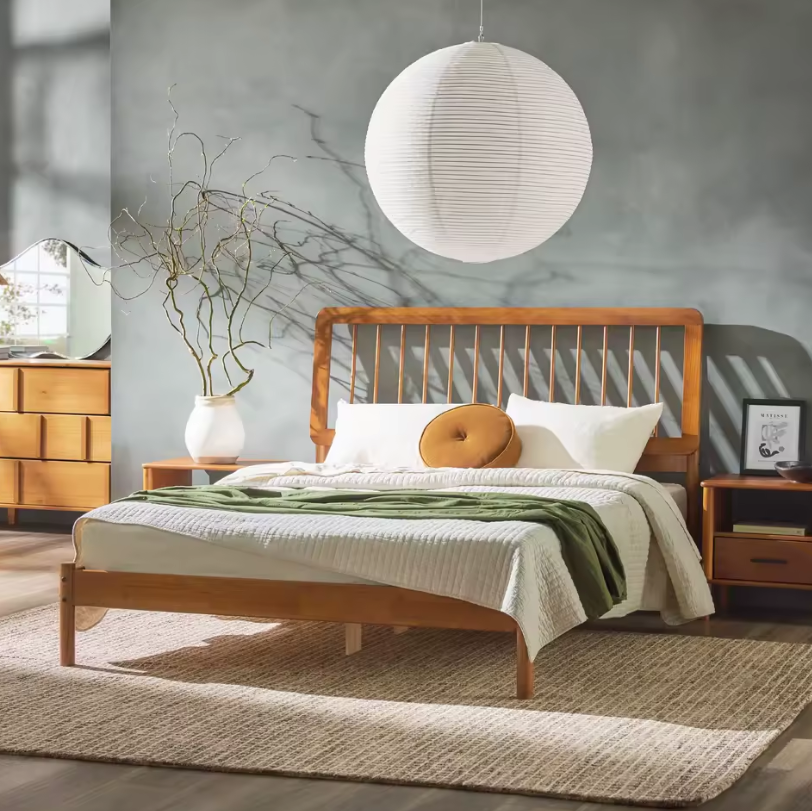 Mingdian Mid-Century Modern Spindle Solid Oak Bed Frame