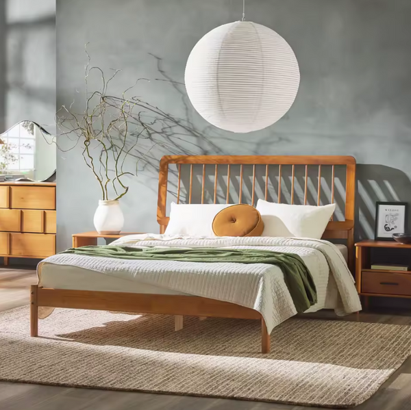 Mingdian Mid-Century Modern Spindle Solid Oak Bed Frame