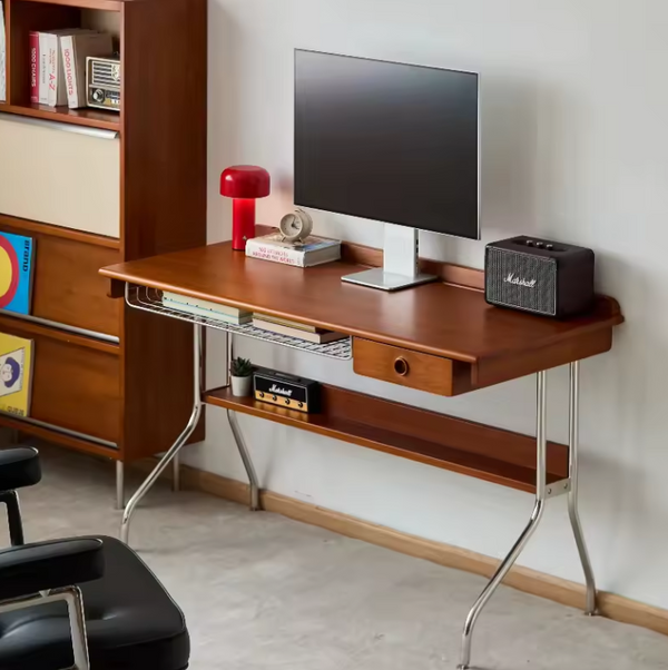 Escritorio de ordenador japonés de nogal con cajones