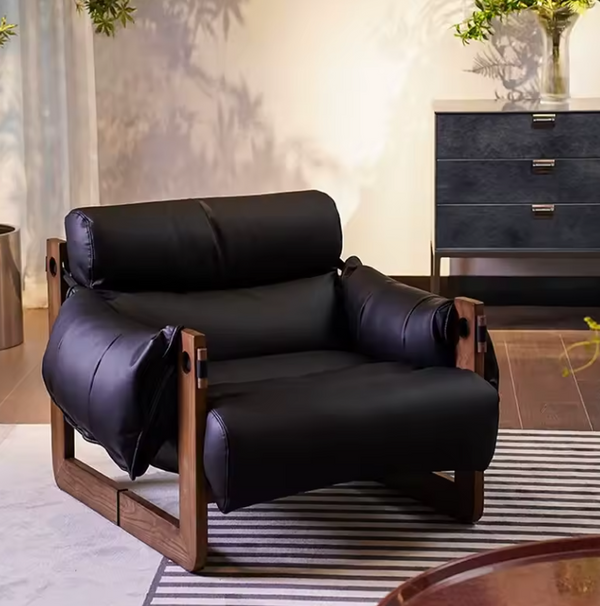 Vintage Solid Wood Vegan Leather Wide Seat Lounge Chair