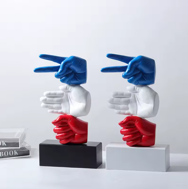 Rock Paper Scissor Designer Hand-Crafted Sculpture with Weighted Stand