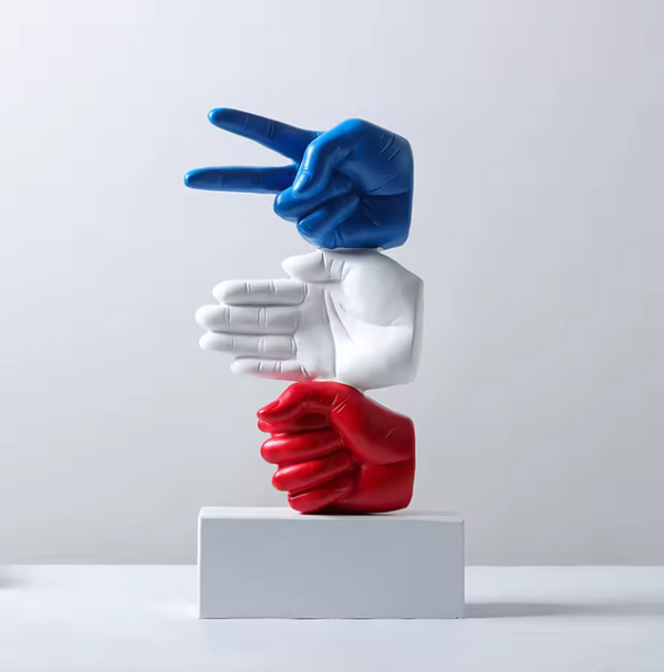 Rock Paper Scissor Designer Hand-Crafted Sculpture with Weighted Stand