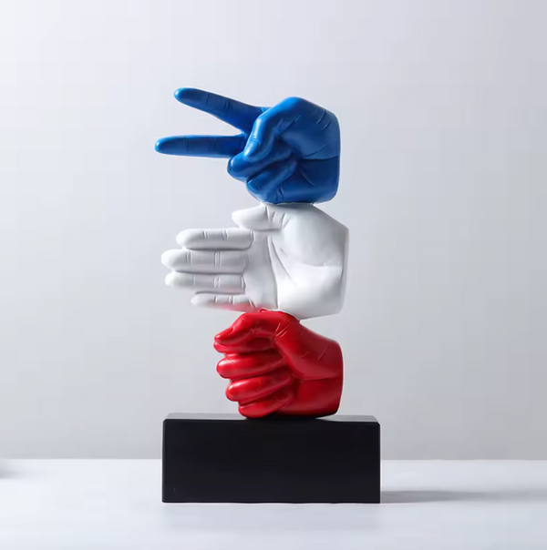 Rock Paper Scissor Designer Hand-Crafted Sculpture with Weighted Stand