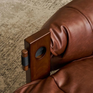 Vintage Solid Wood Vegan Leather Wide Seat Lounge Chair