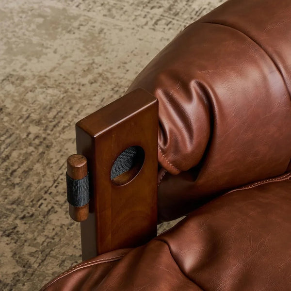 Vintage Solid Wood Vegan Leather Wide Seat Lounge Chair