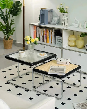 Yū Tokyo Mid-Century Modern Rattan Glass Coffee Table
