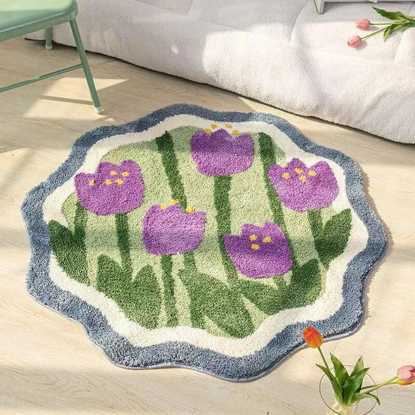 Flauschiger, handgefertigter runder Teppich mit Blumenmuster