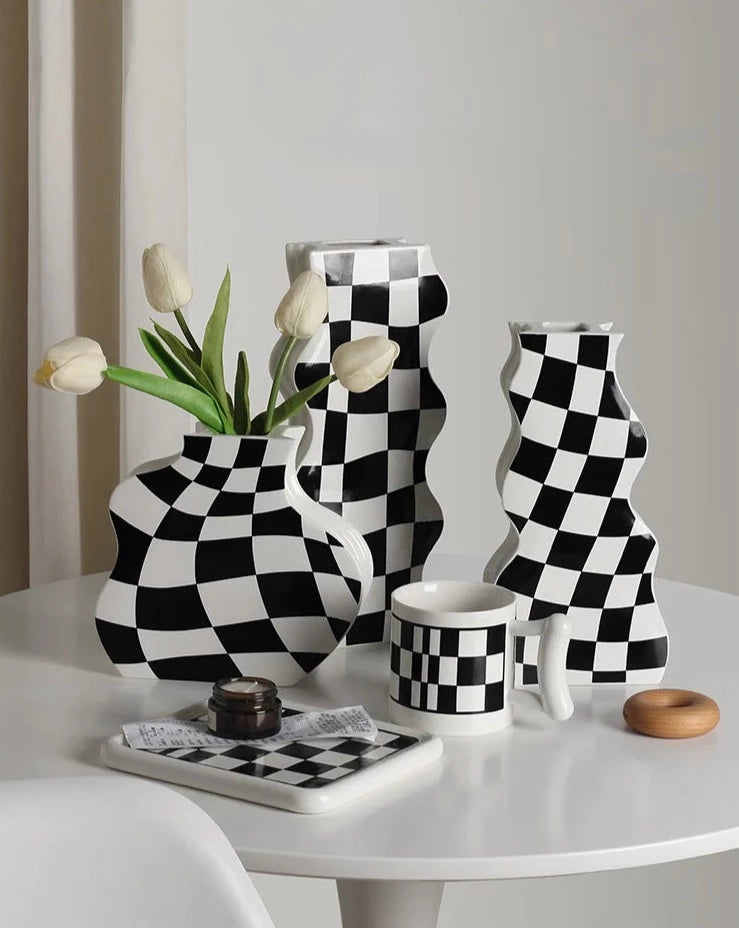 Black and White Check Board Ceramic Vase