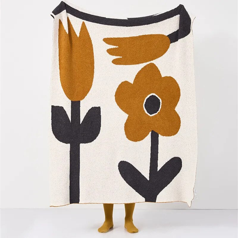 Brown Flower Knitted Throw Blanket