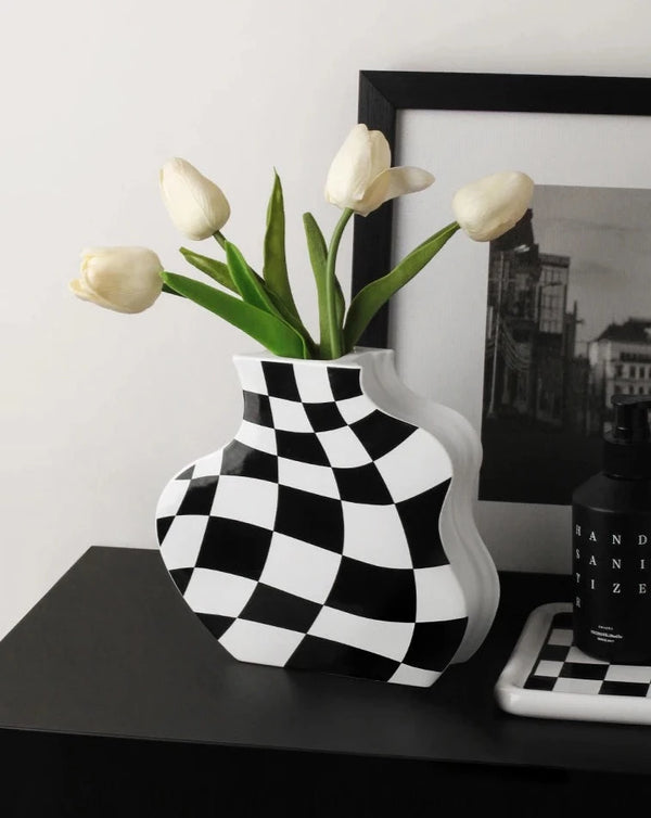 Black and White Check Board Ceramic Vase