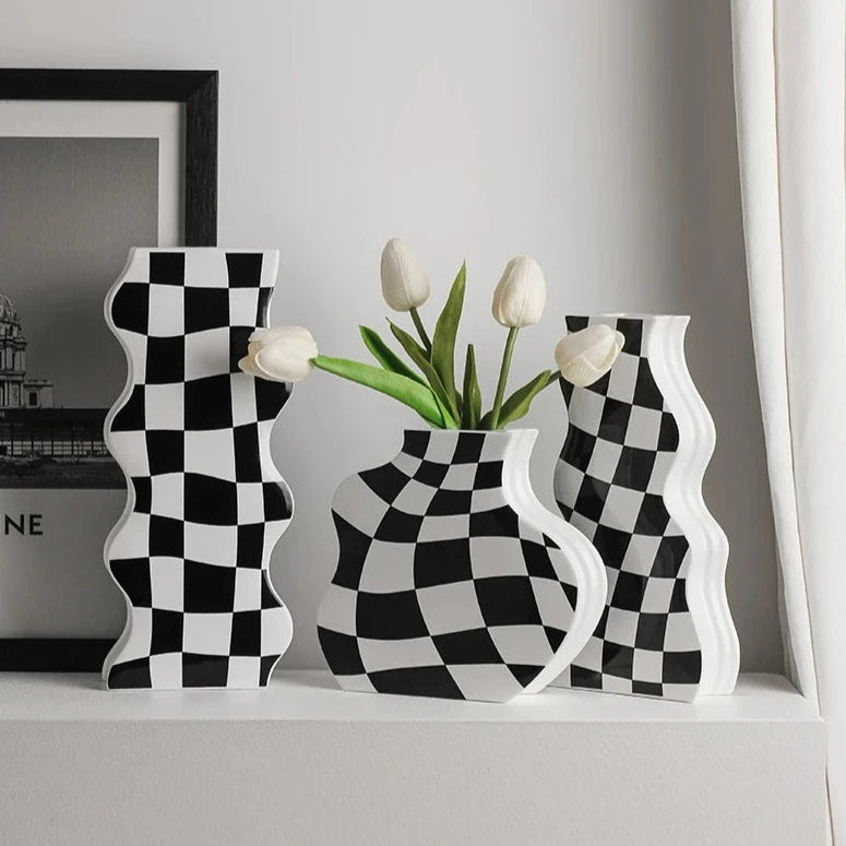 Black and White Check Board Ceramic Vase