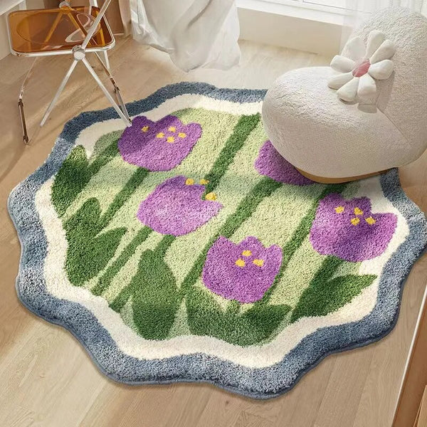 Flauschiger, handgefertigter runder Teppich mit Blumenmuster